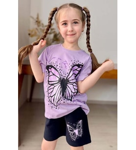 Kız Çocuk Kara Kalem Kelebek Baskılı Penye Lila T-Shirt Şortlu Takım