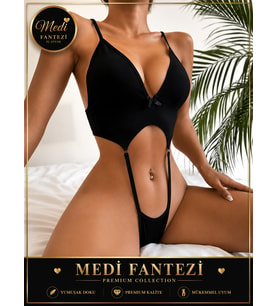 Siyah Derin V Yaka Dekolteli Şerit Detaylı Kadın Fantazi Body 2021