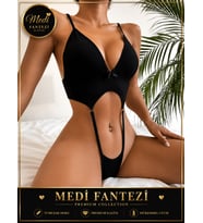Siyah Derin V Yaka Dekolteli Şerit Detaylı Kadın Fantazi Body 2021