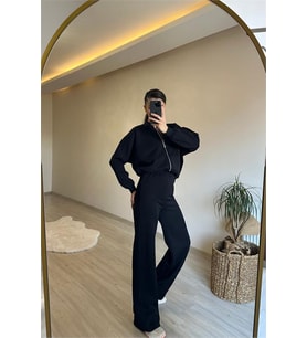 Neşeli butik kadın fermuarlı oversize sweat ve yüksek bel eşofman takımı NM018 (Siyah)