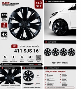 Chery Uyumlu 16 Inç Kırılmaz Parlak Siyah Jant Kapağı 1 Takım 4 Adet No:411