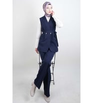 Tesettür Takım 4 Düğmeli Yelekli Blazer İkili Takım Lacivert