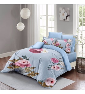 MonoHome Blue Flower Çift Kişilik Nevresim Takımı 3D Pamuk Saten