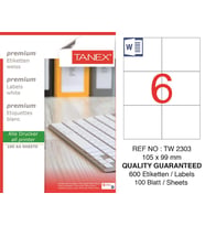 Tanex Lazer Etiket tw-2303 100 A4 Sayfa Laser Etiket 105 X 99 mm Boyutunda 1 A4 Sayfada 6 Etiket