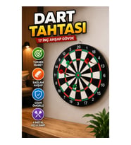 17 İnç Ahşap Dart Tahtası – 4 Metal Uçlu Dart Oku ve Duvar Askı Aparatı