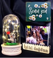Kişiye Özel Fotoğraflı Led Işıklı Fanus Hediye Seti / Mutlu Pandalı Doğum Günü Hediyesi