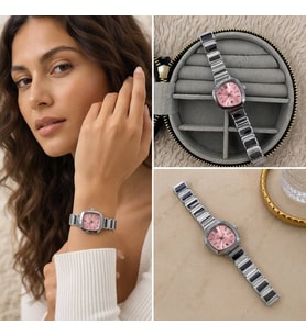 Premium Parlak ve Şık Pembe Kadranlı Gümüş Renk Kadın Saat