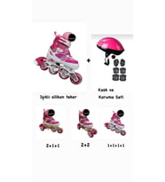 Işıklı Çocuk Pateni Ayarlanılabilir Silikon Tekerli Frenli Metal Gövdeli Paten Ve Kask Dizlik Set 34-37 (Açık Pembe)