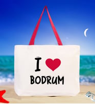 BK Gift I Love Bodrum Renkli Kulp Kanvas Plaj Çantası 48x40m, Baskılı Omuz Çantası, Alışveriş Çantası (Kırmızı)
