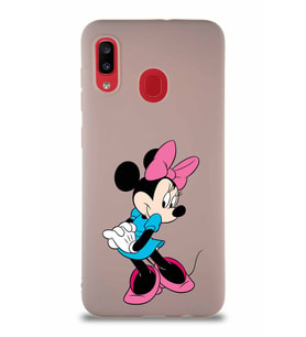 Samsung Galaxy A30 Soft Premier Kapak Minnie Mouse-F Tasarımlı Silikon Kılıf - Pudra (Şeffaf)