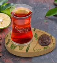 BK Gift Kişiye Özel Kaktüs Tasarımlı Doğal Ahşap Tabaklı Heybeli Çay Bardağı Sunum Seti Model 2