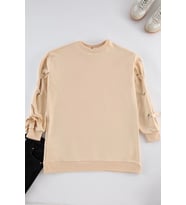 Tesettür Tarz Oversize Bisiklet Yaka Düşük Kol Uzun Bağcık Detaylı Sweatshirt (Bej)