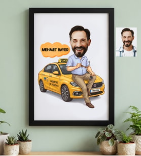 Kişiye Özel Karikatürlü Taksici Siyah Çerçeve Doğum Günü Hediyesi