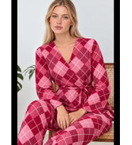 Night Pembe Kadın Desenli Ev Stili Kuşaklı Pijama Takımı 4808