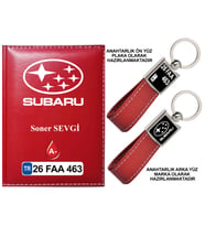 Plakanıza Özel Subaru Logolu Kırmızı Ruhsat Kabı ve Anahtarlık