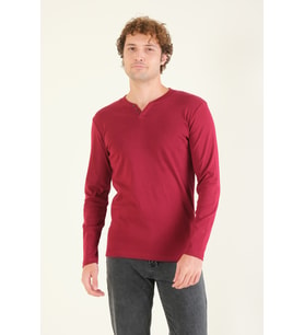 Giyim Dünyası Erkek Sıfır Yaka Düğmeli Uzun Kol Sweatshirt Bordo
