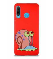 Huawei P30 Lite Soft Premier Kapak Salyangoz Gary Tasarımlı Silikon Kılıf - Kırmızı (Şeffaf)