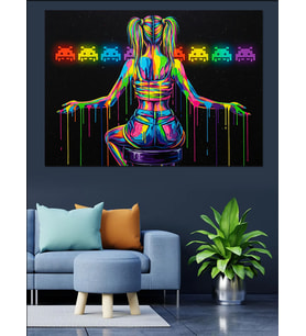 Neon Işıklı Kadın Ve Emojiler İllüstrasyonu Dekoratif Kanvas - Mdf Ahşap Tablo
