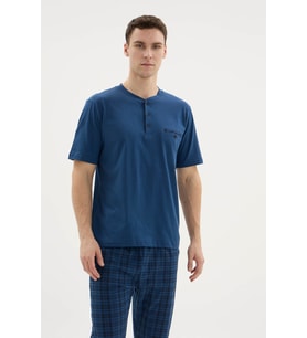 %95 Pamuk Kısa Kol Yeni Erkek Şık Tasarım Pijama Takımı (Mavi)