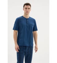 %95 Pamuk Kısa Kol Yeni Erkek Şık Tasarım Pijama Takımı (Mavi)