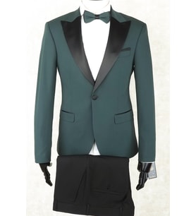 Damatlık Smokin - Full Set Slimfit Saten Geniş Sivri Yaka, Tek Düğme, Çift Yırtmaç ,Kına Yeşil Drop 6 Yelek, Gömlek, Papyon Dahil