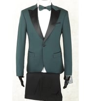 Damatlık Smokin - Full Set Slimfit Saten Geniş Sivri Yaka, Tek Düğme, Çift Yırtmaç ,Kına Yeşil Drop 6 Yelek, Gömlek, Papyon Dahil
