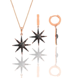 Gümüş rose onix taşlı güneş kolye ve küpe ikili set SGTL12098SIYAH