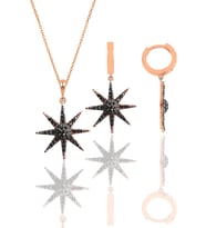 Gümüş rose onix taşlı güneş kolye ve küpe ikili set SGTL12098SIYAH