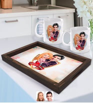 BK Gift Kişiye Özel İsimli Sevgililer Karikatürlü Doğal Ahşap Tepsi ve 2’li Kupa Bardak Seti-2