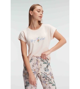 Kadın Kısa Kol Bisiklet Yaka Viskon Çiçek Desenli Yazlık Örme Normal Bel Pijama Takımı (Renksiz)