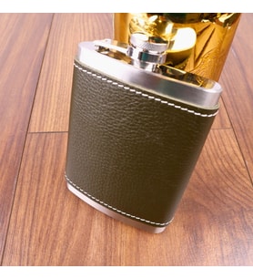 Perlotus 8 Oz 235 cc Hunili Haki Yeşil El Yapımı Deri Kılıflı Çelik Viski Cep Ma