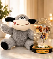 Kişiye Özel 3 Fotoğraflı ve Yazılı LED Işıklı Fanus - 22 cm Peluş Eşek Hediyeli