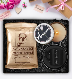 Kişiye Özel Porselen Fincan & Kuru Kahvesi Mehmet Efendi Türk Kahvesi & Tasarım Mum Hediye Seti