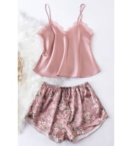 Merry See Dantel İşlemeli Çiçek Desenli Şort Pijama Takımı (Pembe)