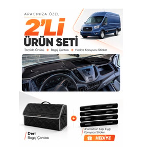 FORD TRANSİT (2015-2022) Uyumlu Torpido Örtüsü + Deri Bagaj Çantası + Sticker Seti - Siyah Gri