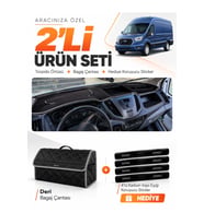 FORD TRANSİT (2015-2022) Uyumlu Torpido Örtüsü + Deri Bagaj Çantası + Sticker Seti - Siyah Gri