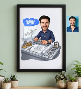 Kişiye Özel Karikatürlü Makine Mühendisi Siyah Çerçeve Mühendisler Günü Hediyesi