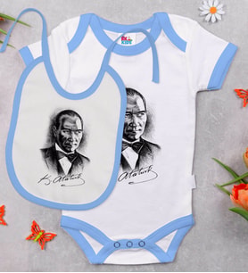 BK Kids Atatürk Temalı Mavi Bebek Body Zıbın ve Mama Önlüğü Hediye Seti-14