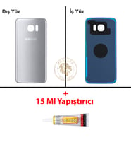 Samsung Galaxy S7 Edge Gümüş Renk Arka Kapak + B7000 Yapıştırıcı Arka Cam Batarya Kapağı Pil Kapağı Lazer Kesim Back Cover Galaxy S7 Edge Uyumlu