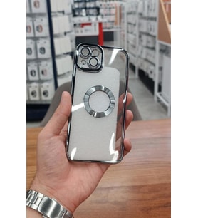 iPhone 15 Plus Kılıf Köşeleri Renkli Şeffaf Kamera Korumalı Silikon Luxury Kapak (Koyu Gri)
