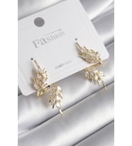 Pirinç Gold Renk Zirkon Taşlı Yaprak Model Kadın Küpe (Çok Renkli)