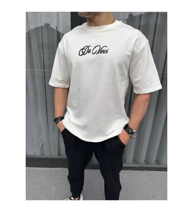Unisex Baskılı Oversize T-Shirt - Beyaz
