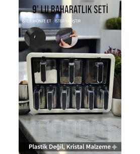 Standlı 9lu Baharatlık Takımı Kendinden Yapışkanlı Etiketli Kaşıklı Ve Kapaklı Baharatlık Seti