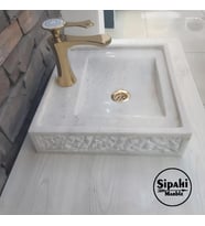 Sipahi Marble Beyaz Mermer Rustik Kare Lavabo - Batarya Çıkışlı