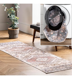 Mae Makinede Yıkanabilir Tribal Motif Yolluk Halı, 2' 6" x 12', Şeftali
