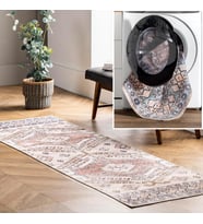 Mae Makinede Yıkanabilir Tribal Motif Yolluk Halı, 2' 6" x 12', Şeftali