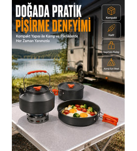 Alüminyum Kamp Pişirme Seti Katlanabilir Kulplu Çaydanlık Tencere Tava Outdoor Yemek Seti