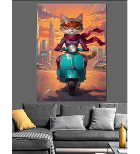 Scooter Süren Kedi Çizimi Dekoratif Kanvas - Mdf Ahşap Tablo