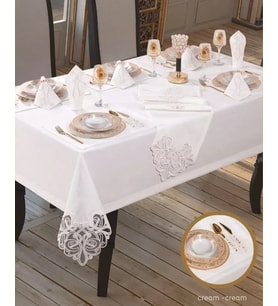 Taç Keten Yemek Takımı Masa Seti 12 Kişilik 26 Parça Supla Runner Set Krem-Krem