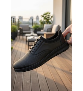 Enoch Hakiki Deri Siyah Lastikli Erkek Sneaker Ayakkabı Ortopedik Taban